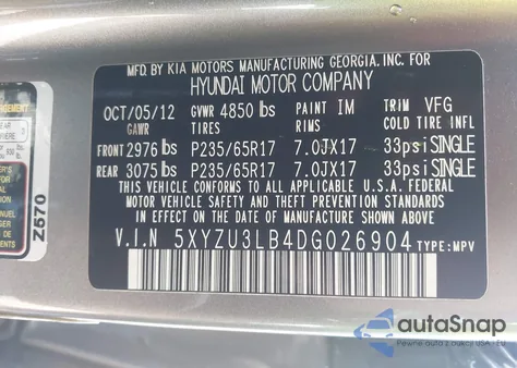 2013 Hyundai Santa Fe Sport z USA, uszkodzony, nr VIN 5XYZU3LB4DG026904